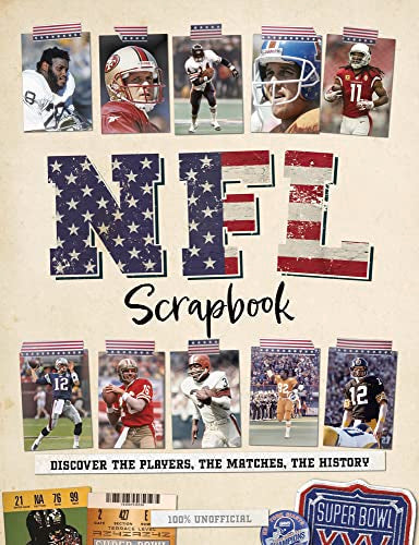 NFL scrapbook cover with player photos, American flag, and game action.