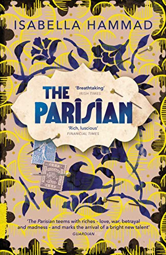 Book cover of The Parisian by Isabella Hammad with floral patterns and postage stamps.