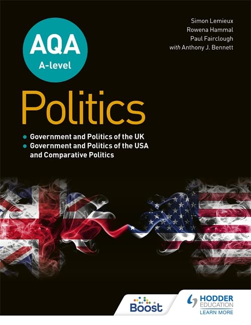 A-level Politics textbook with UK and USA flag imagery.