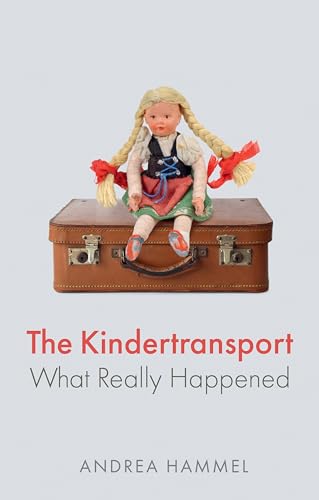 Book cover: doll sitting on a vintage suitcase, “The Kindertransport.”