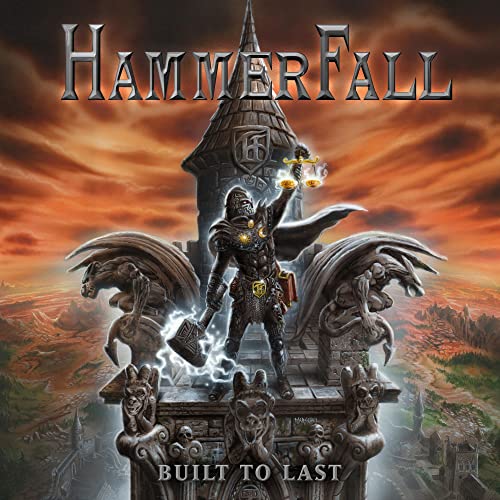 Hammerfall album cover: knight with hammer before a castle and winged creatures.