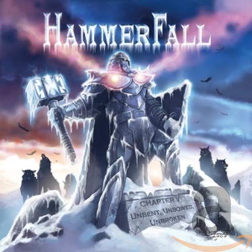 HammerFall album cover: armored warrior with hammer, icy landscape, and wolves.
