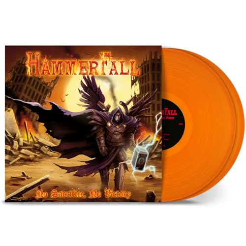 Hammerfall vinyl album cover featuring a winged warrior in ruins with orange vinyl discs.