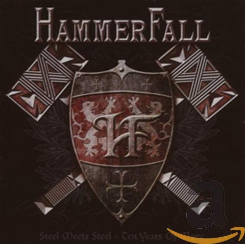 HammerFall album cover: shield with lion and intertwined letters “HF”.
