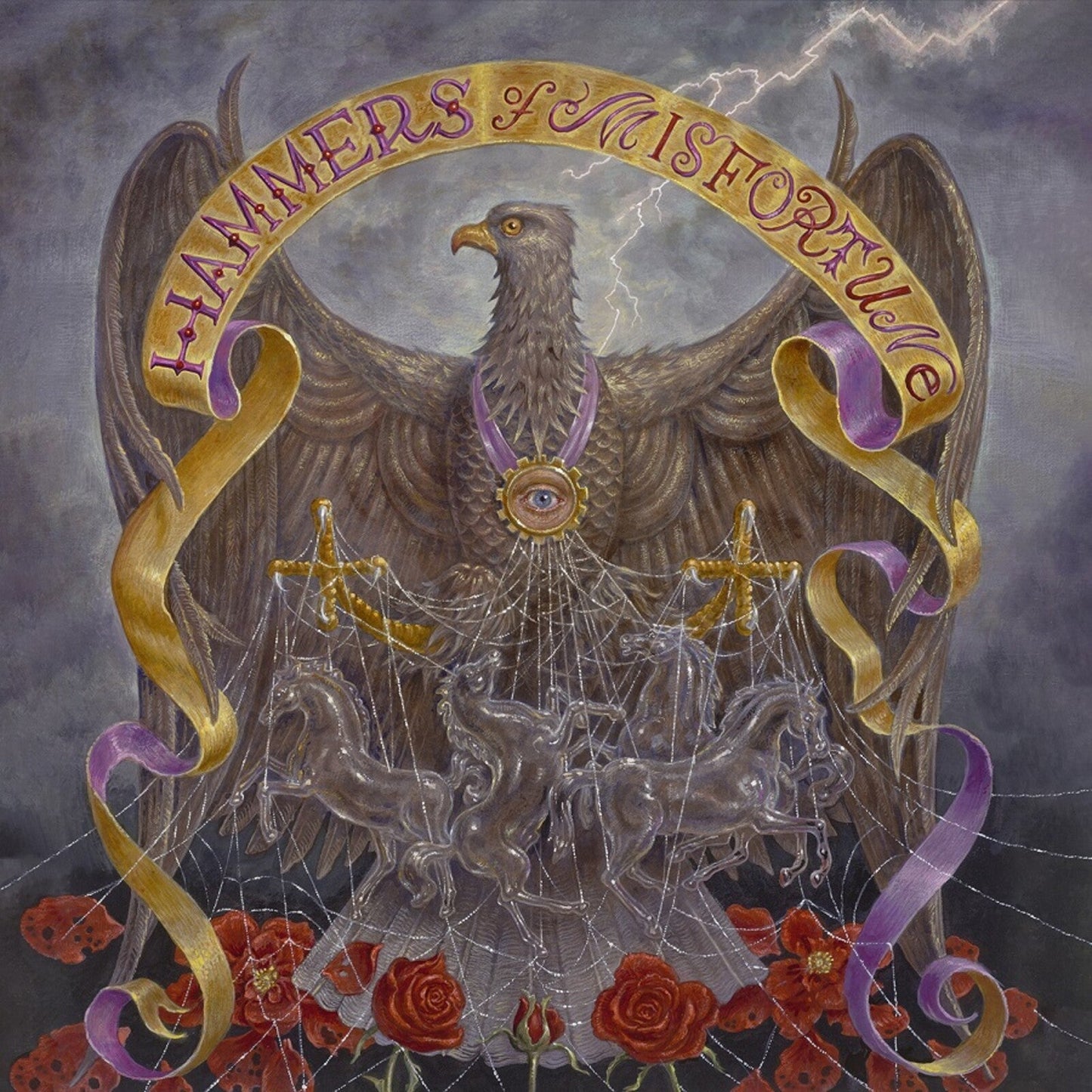 A large eagle with an all-seeing eye pendant looms over horses trapped in webs.