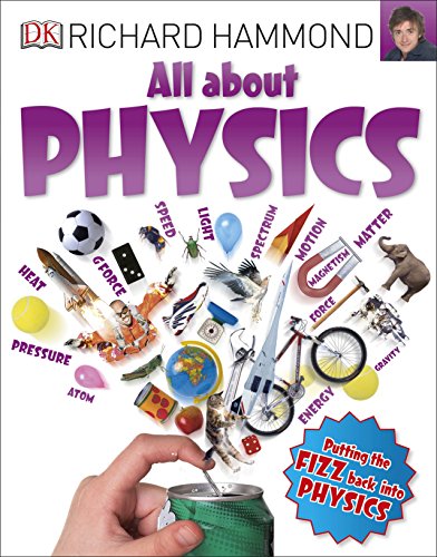 "Book cover titled 'All about Physics' with various objects and text on a white background."
