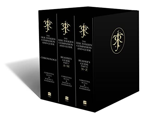 Black boxed set of three Tolkien companion books with gold lettering.