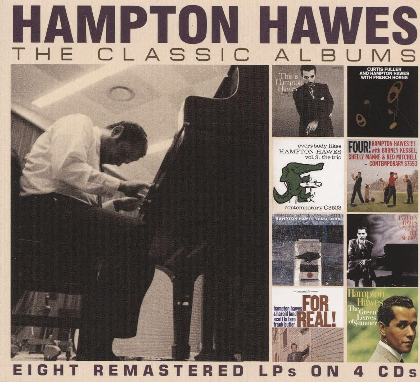 Hampton Hawes CD box set cover featuring a pianist and several album art thumbnails.