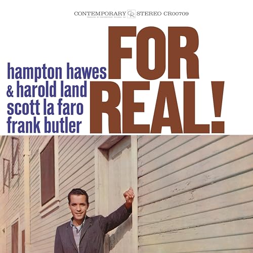 Album cover for "For Real!" by Hampton Hawes, featuring a man in a suit.