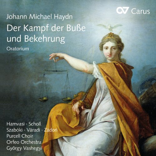 CD cover: woman with scales, dove, and text about Haydn’s oratorio.