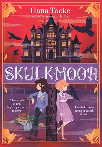Book cover illustration featuring a dark mansion, two children, and birds against red sky.