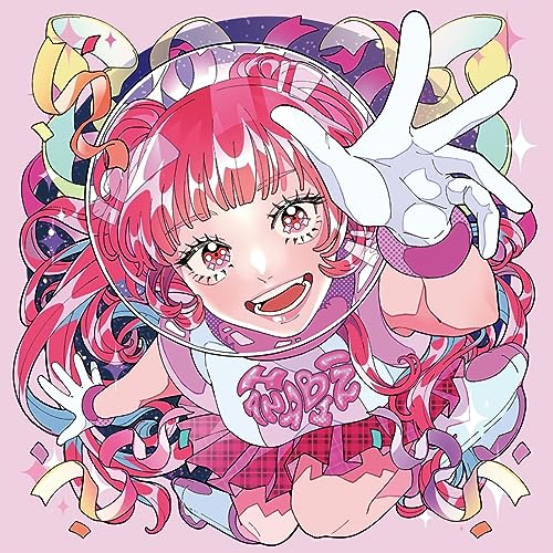 Anime-style girl with pink hair in a space helmet reaching forward against colorful background.