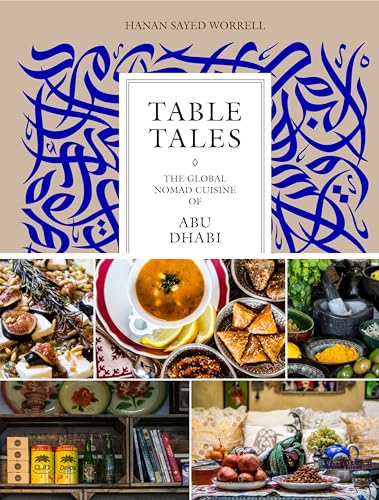 Book cover: “Table Tales,” food photography collage, Arabic design elements.