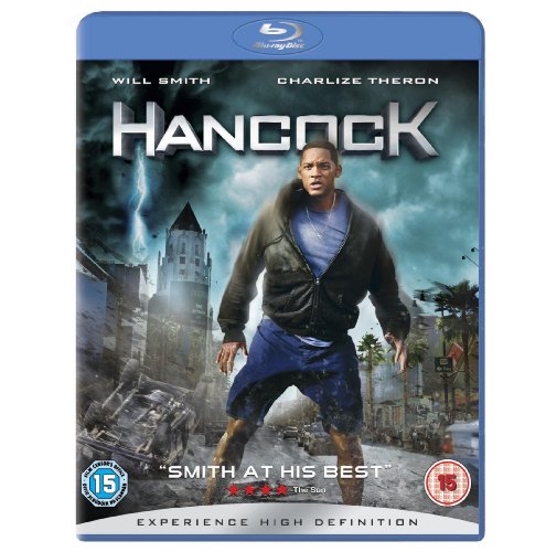 Will Smith stands in a city street on the Hancock Blu-ray cover.