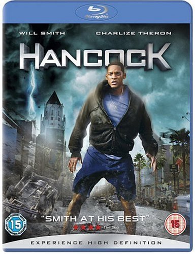 Hancock Blu-ray cover featuring Will Smith in a superhero pose.