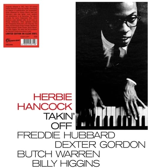 Black and white album cover featuring Herbie Hancock playing piano with red text box.