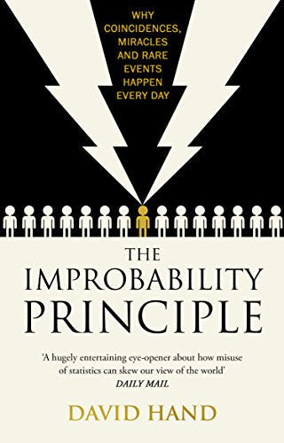 Book cover: “The Improbability Principle” with a lightning bolt and figures.