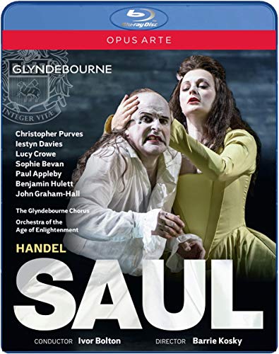 Blu-ray cover for Handel’s “Saul” opera featuring dramatic stage imagery.