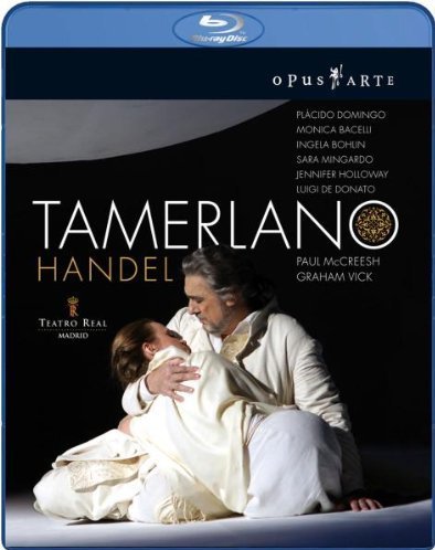 "Handel: Tamerlano Blu-ray cover featuring a man holding a woman in white costumes."