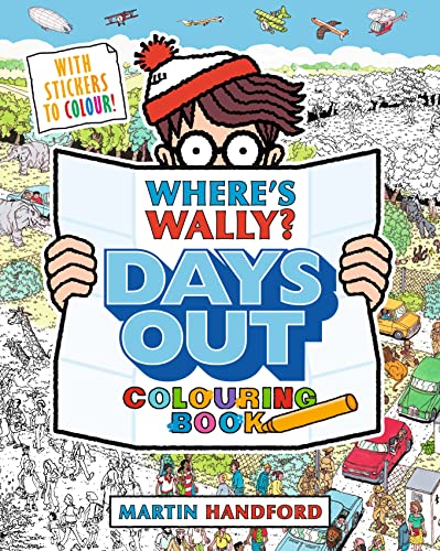 Where's Wally?" colouring book cover with Wally holding a sign and stickers.