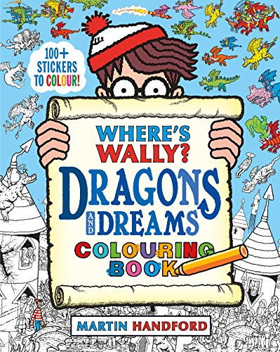 Wally holding a scroll titled Where's Wally? Dragons and Dreams Colouring Book with dragons.