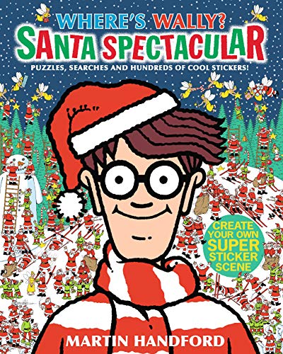 Wally wearing a Santa hat and scarf against a busy snowy Christmas activity background.