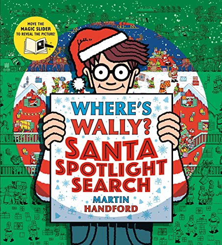 Where's Wally?" book cover featuring Wally with Santa, a spotlight, and hidden details.