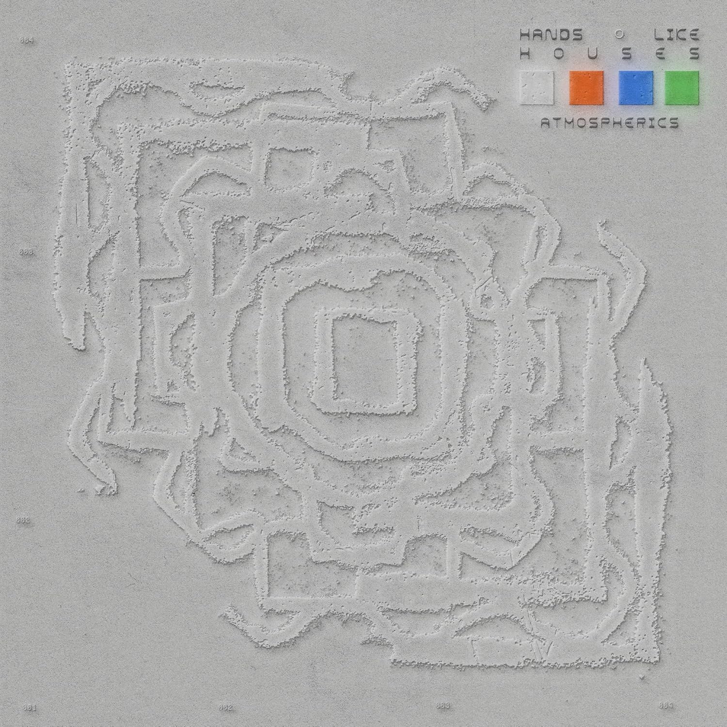 Album cover with a textured gray topographic pattern and four colored squares at top.
