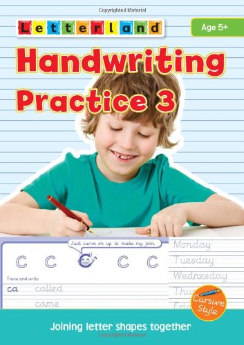 Handwriting Practice 3" book cover with a boy writing, age 5+.