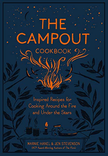 Cookbook cover with orange campfire illustration on a dark blue background.