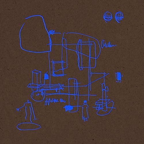 Blue line drawing of figures and objects on a brown background.