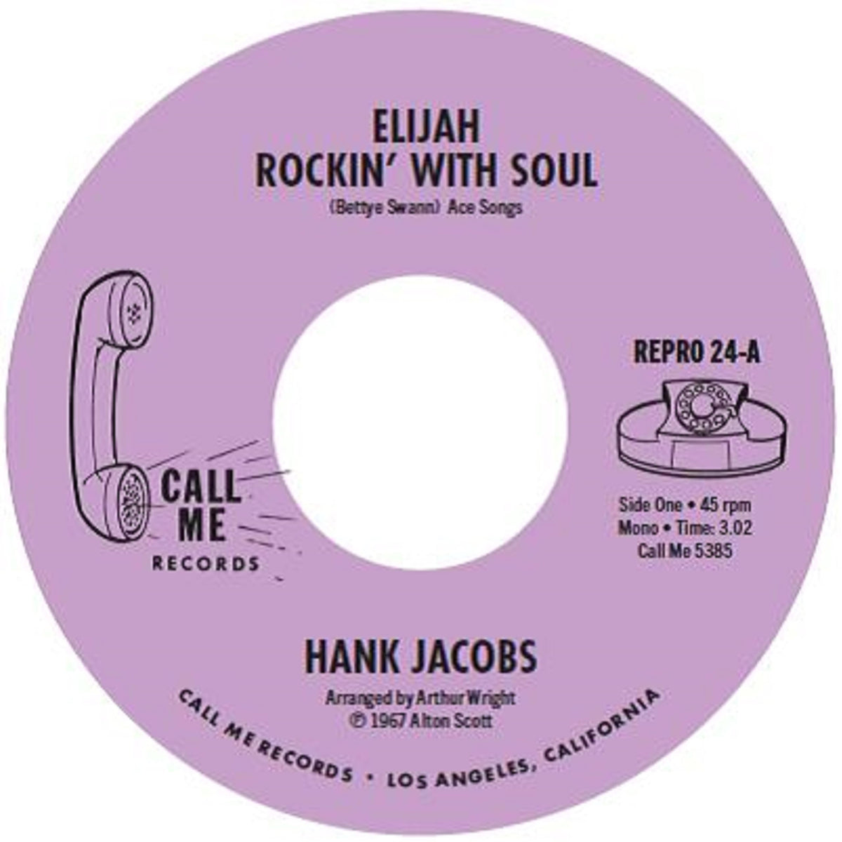 Purple vinyl record label with phone graphic, text “Hank Jacobs - Elijah Rockin’ With Soul”.