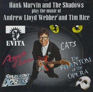 Hank Marvin playing guitar, surrounded by logos and imagery from various musical theater productions.