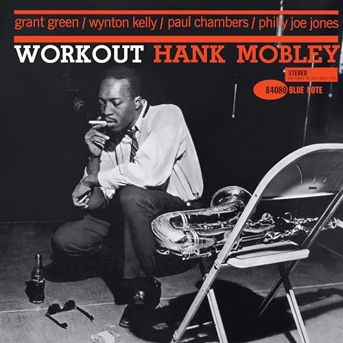 Hank Mobley's "Workout" vinyl album cover featuring a seated saxophonist.