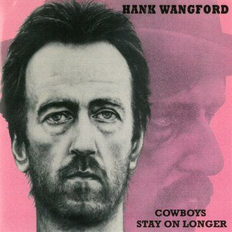 Black and white portrait of Hank Wangford on a pink album cover.