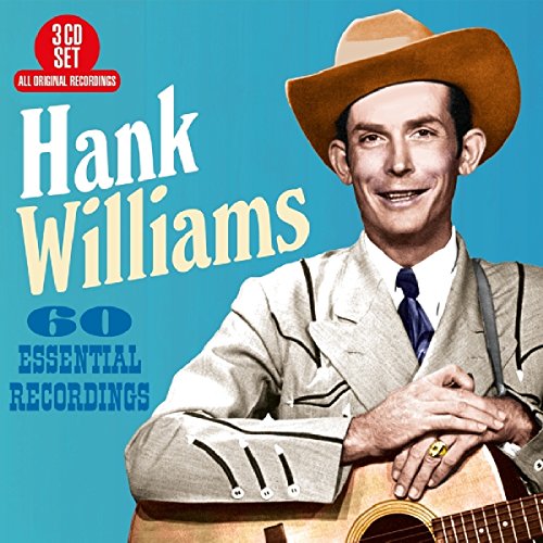 Hank Williams album cover with portrait, guitar, and "60 Essential Recordings" text.