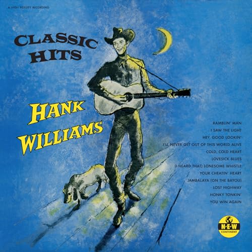 Hank Williams "Classic Hits" vinyl record cover with illustration of singer and dog.
