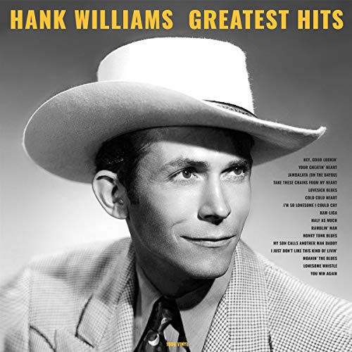 Black and white portrait of Hank Williams wearing a cowboy hat with tracklist.