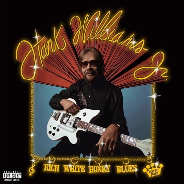 Hank Williams Jr. album cover featuring him with a white guitar.
