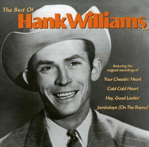 Black and white portrait of Hank Williams wearing a cowboy hat on CD cover.