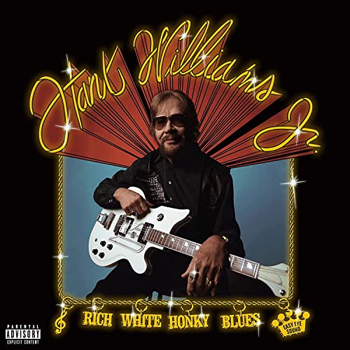Hank Williams Jr. wearing sunglasses and holding a white electric guitar on album cover.