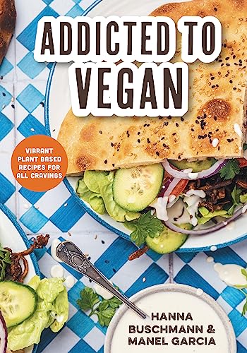 Book cover titled Addicted to Vegan featuring a flatbread sandwich on a blue checkered background.