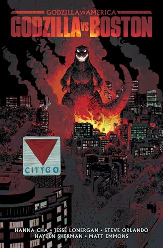 Godzilla looms over a burning Boston skyline in comic book art.