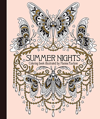 Cover of Summer Nights coloring book featuring intricate line art of butterflies and moths.