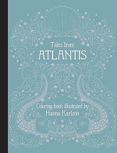 Blue coloring book cover featuring white line art of fish, shells, and seaweed.