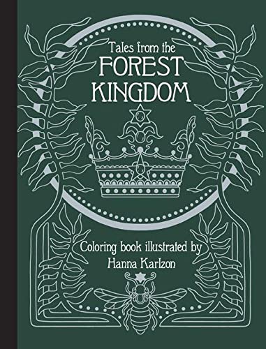 Dark green coloring book cover featuring a white line art crown, leaves, and insect.
