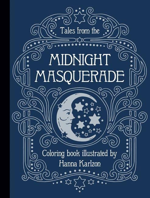 Coloring book cover with ornate frame, moon, and stars in silver line art.