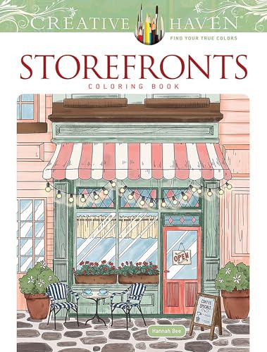 Storefront with striped awning, outdoor seating, and “Open” sign, coloring book cover.