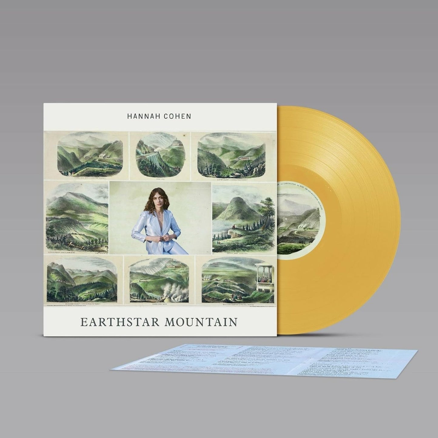 Hannah Cohen Earthstar Mountain vinyl record cover featuring landscape illustrations, a central portrait, and disc.