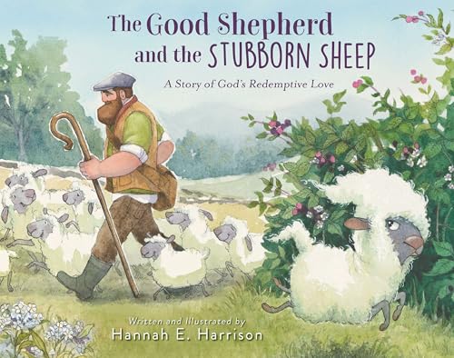 A shepherd with a staff walks past a flock of sheep while one sheep hides.
